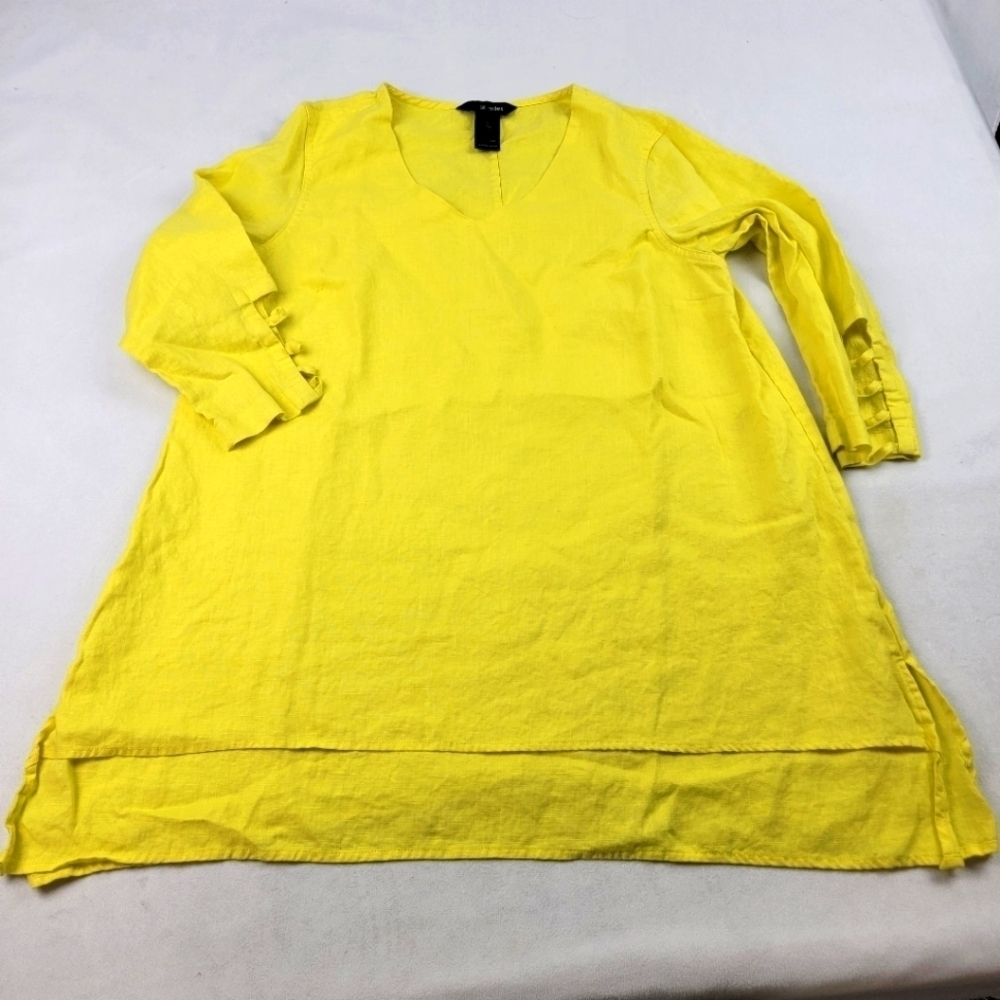 Ali Miles bright yellow linen lattice sleeve layered‎ split side tunic top